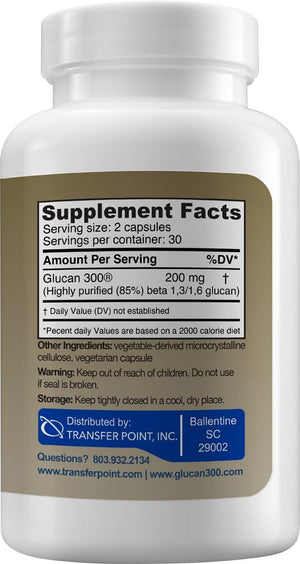 Transfer Point Yeast-Derived Beta 1,3D Glucan (1,3/1,6 B-Glucans) 200mg, Minimum 85% Beta Glucan Content, Non-GMO, Vegetarian, All-Natural Immune Support, 60 Capsules Transfer Point buy supplements Au