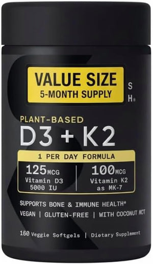 Sports Vitamin D3 K2 with 5000iu of Plant-Based D3 & 100mcg of Vitamin K2 as MK-7, Non-GMO Verified & Vegan Certified - 160 Liquid Softgels - Pack1 Generic buy supplements Au