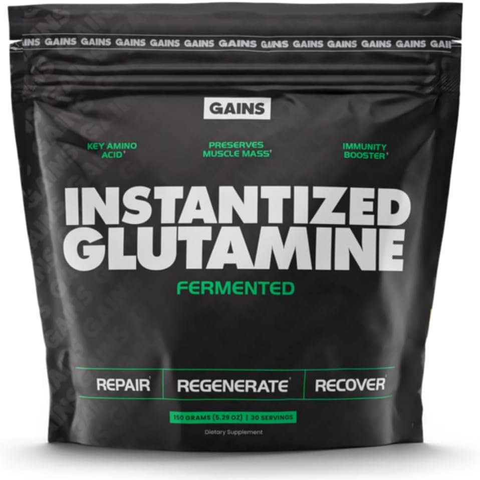 Gains in Bulk L-Glutamine, Gluten Free Glutamine Powder for Muscle Recovery and Growth, Post Workout Support, Amino Acid Supplement, Promotes Protein Synthesis, Non GMO, Unflavored, 30 Servings