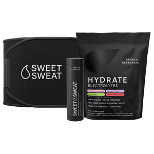 Sports Research® Sweet Sweat Black Waist Trimmer 'Xtra-Coverage' Belt (Size - Large), Multi Flavor Hydrate Electrolytes (16x Pack) and Original Workout Enhancer Roll-On Gel Stick Sports Research buy supplements Au