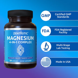 Zentastic Magnesium Complex 4-in-1 Supplement – Magnesium Glycinate, Malate, Taurate & Lactate – Chelated High Absorption for Nerves, Muscles, Bones & Immune Support – 120 Capsules Zentastic buy supplements Au