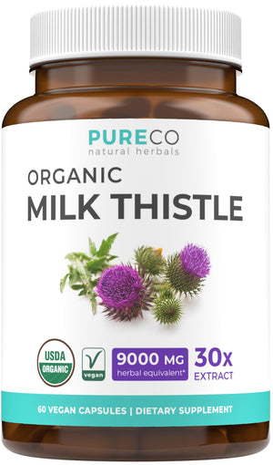 USDA Organic Milk Thistle Capsules - 80% Silymarin Supplement for Liver Support- Super Concentrated 300mg of 30:1 Milk Thistle Extract Equivalent to 9,000mg - Milk Thistle Liver Detox 60 Day Supply PURE CO buy supplements Au