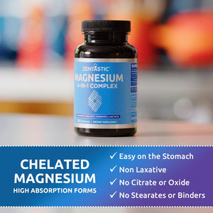 Zentastic Magnesium Complex 4-in-1 Supplement – Magnesium Glycinate, Malate, Taurate & Lactate – Chelated High Absorption for Nerves, Muscles, Bones & Immune Support – 120 Capsules Zentastic buy supplements Au