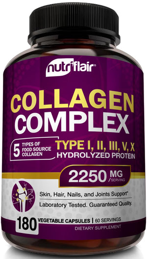NutriFlair Multi Collagen Peptides 2250mg - Type I, II, III, V, X - Collagen Supplements Complex Powder Pills for Women and Men - Hydrolyzed Protein, Healthy Hair, Skin, Nails - Non-GMO (180 Capsules) NutriFlair buy supplements Au
