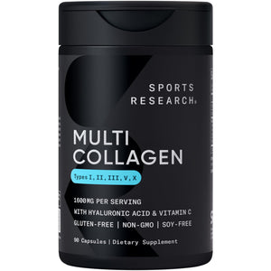 Sports Research® Multi Collagen Pills for Women & Men - Collagen Peptides (Type I, II, III, V, X) Enhanced with Hyaluronic Acid & Vitamin C - Gluten Free · Non-GMO - 90 Capsules Sports Research buy supplements Au