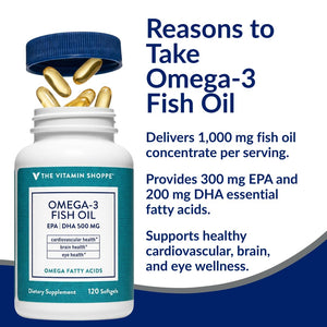 Suplement The Vitamin Shoppe Brand Omega 3 Fish Oil 1000mg with EPA DHA 500mg, Cardiovascular, Brain & Eye Health Support for Men and Women, Sourced from Anchovy, VelvetGlow USA