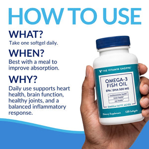 Suplement The Vitamin Shoppe Brand Omega 3 Fish Oil 1000mg with EPA DHA 500mg, Cardiovascular, Brain & Eye Health Support for Men and Women, Sourced from Anchovy, VelvetGlow USA