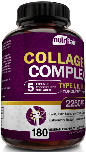 NutriFlair Multi Collagen Peptides 2250mg - Type I, II, III, V, X - Collagen Supplements Complex Powder Pills for Women and Men - Hydrolyzed Protein, Healthy Hair, Skin, Nails - Non-GMO (180 Capsules) NutriFlair buy supplements Au