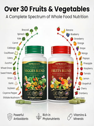 MPRAYAN Fruits and Veggies Capsules - 90 Fruits + 90 Veggies - Whole Food Superfood Supplement - Daily Greens Vitamins & Minerals - Plant Based Nutrition - Vegan Non-GMO - 180 Capsules MPRAYAN buy supplements Au