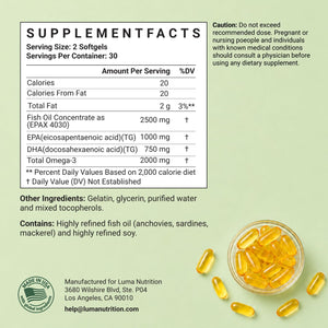 Suplement Luma Nutrition Omega 3 Fish Oil Supplement - Extra Strength 2500mg Per Serving - 2000mg EPA & DHA Per Serving - VelvetGlow USA