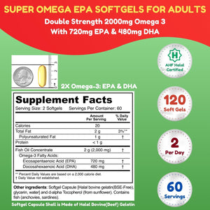 Suplement SHIFAA NUTRITION Halal Fish Oil Softgels 120 Ct, Double Strength - Halal Omega 3 Fish Oil Supplements. Wild Caught, Non-GMO & Purified - VelvetGlow USA