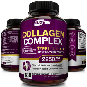 NutriFlair Multi Collagen Peptides 2250mg - Type I, II, III, V, X - Collagen Supplements Complex Powder Pills for Women and Men - Hydrolyzed Protein, Healthy Hair, Skin, Nails - Non-GMO (180 Capsules) NutriFlair buy supplements Au
