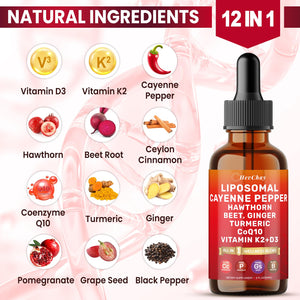 Cayenne Pepper Drops Liposomal Supplement Liquid + Hawthorn Berry, Vitamin D3 K2 Beet Root Powder, Ceylon Cinnamon, CoQ10, Turmeric Curcumin, Cayenne Pepper Extract - 2oz HevChay buy supplements Au