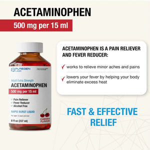 Puregen Labs Adult Extra Strength Acetaminophen Liquid 500mg/15ml - 8 fl oz Rapid Burst Pain Reliever/Fever Reducer, Cherry Flavor | Muscle & Joint Pain Relief | Arthritis Pain Relief P Puregen LabsBuy Supplements Australia