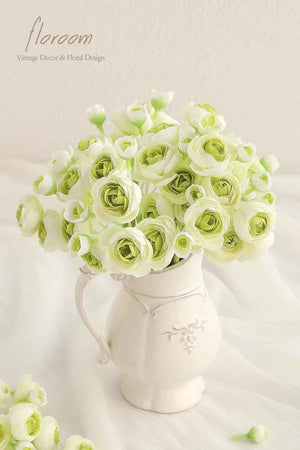 Floroom Ranunculus Artificial Flowers 18 Pcs Green Faux Silk Mini Ranunculus Bulk Fake Wedding