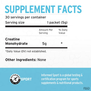Fluid Creatine - Informed Sport Certified | Ultra-Fine Micronized 100% Creatine Monohydrate Powder | Unflavored | 5g Travel Stick Packs | 30 Servings Fluid buy supplements Au