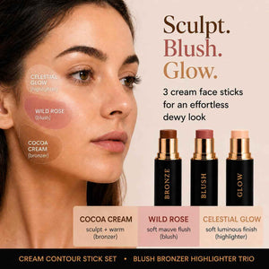 Cream Contour Stick Set – Blush, Bronzer & Highlighter Trio | Hydrating, Buildable, High-Pigment Makeup with Shea Butter & Vitamin E | Phoenix Beauty Gift Set (Enchanted)