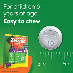 Zyrtec Children's Dye-Free Chewables for 24 Hour Allergy Relief, 10 mg Cetirizine Hydrochloride Antihistamine Tablets, Kids Allergy Medicine Relieves Sneezing & Itchy Throat, Grape, 48 ct Zyrtec buy supplements Au