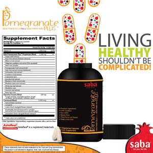 Saba Pomegranate Plus – Antioxidant Supplement with Astaxanthin & Adaptogens | Immune, Skin, Heart & Brain Support | Daily Stress & Cellular Wellness | 60 Capsules SabaBuy Supplements Australia