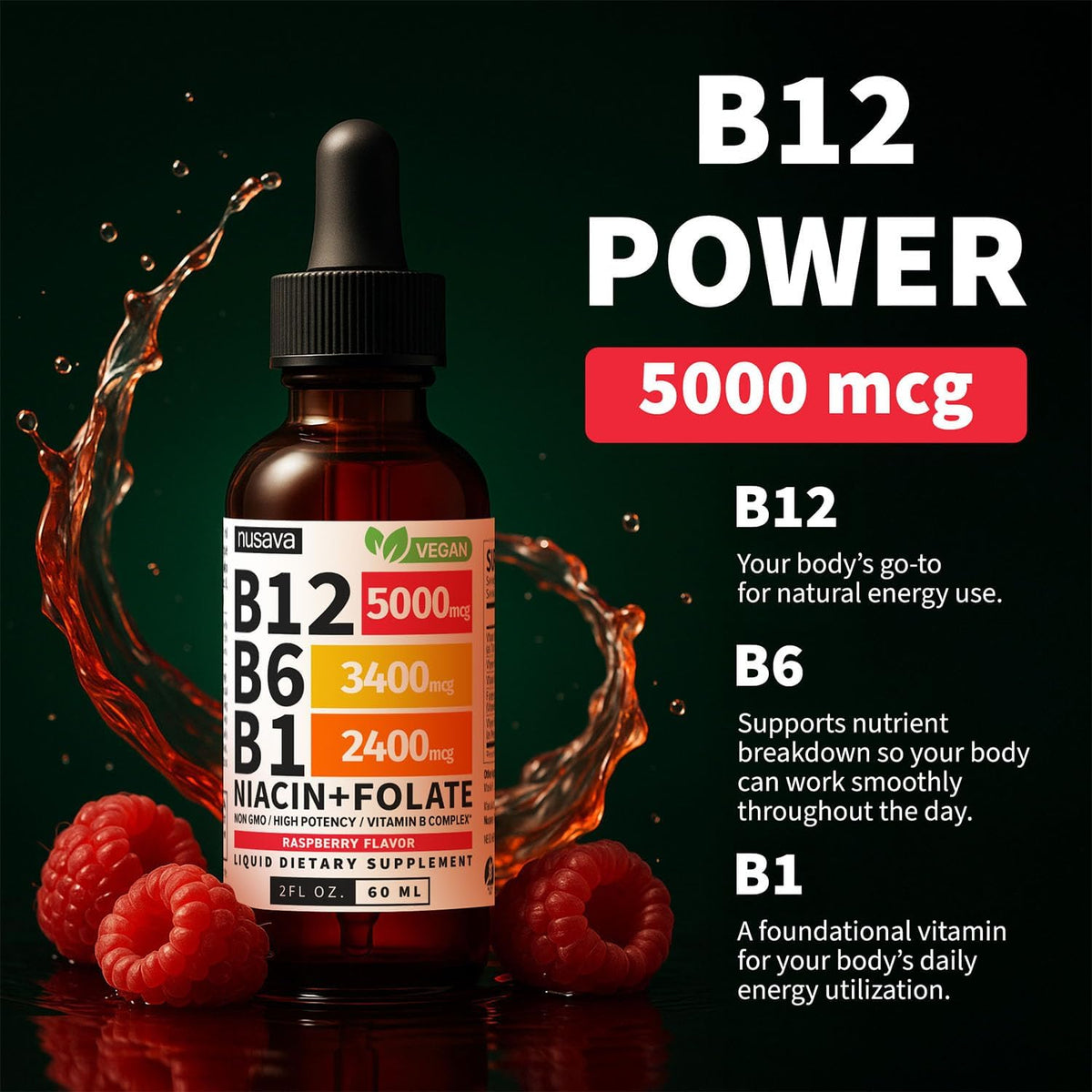 NUSAVA (2-Pack) Methylated B Complex Liquid Drops Raspberry and (2-Pack) Liquid Vitamin B12 Drops - High Potency Methylfolate and Sublingual B12 for Daily Energy and Balance Support