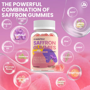 Saffron Gummies for Kids Adults 88.5mg, 15-in-1 Saffron Supplements for Kids, with B6, B12, C, D3, Magnesium Glycinate, Zinc for Nerve, Rest, Focus, Sugar Free, Vegan, Non- GMO, Peach Flavor, 60 Count Aube'AzurBuy Supplements Australia