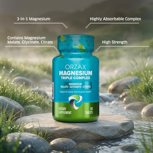 ORZAX Magnesium Triple Complex | Magnesium Glycinate, Citrate, Malate | Vegan, Gluten Free, Dairy Free, Halal | 200 mg of Triple Complex Magnesium for Muscles & Energy for Women and Men | 60 Tablets ORZAX buy supplements Au