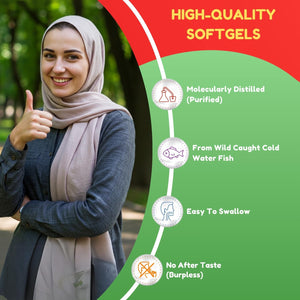 Suplement SHIFAA NUTRITION Halal Fish Oil Softgels 120 Ct, Double Strength - Halal Omega 3 Fish Oil Supplements. Wild Caught, Non-GMO & Purified - VelvetGlow USA