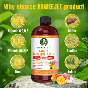 Liquid Multivitamin for Hair Growth | Biotin 10000mcg | Hair & Skin Support Supplement | Clinically Tested for Thicker Hair & Skin Elasticity HOWEEJET