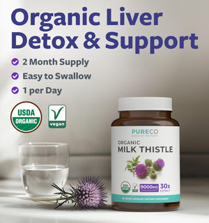 USDA Organic Milk Thistle Capsules - 80% Silymarin Supplement for Liver Support- Super Concentrated 300mg of 30:1 Milk Thistle Extract Equivalent to 9,000mg - Milk Thistle Liver Detox 60 Day Supply PURE CO buy supplements Au