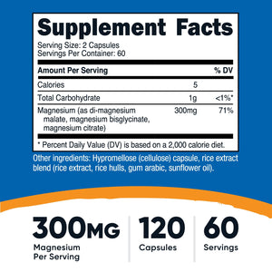 Nutricost Triple Magnesium Complex (300mg, 120 Capsules) - from Di-Magnesium Malate, Bisglycinate and Citrate, 60 Servings Nutricost buy supplements Au