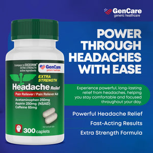 GenCare - Headache Relief Acetaminophen with Aspirin (NSAID) & Caffeine (300 Caplets) Value Pack | Head Pain, Muscle Aches, Back Pain & Body | Generic ExcedrEn Extra Strength GenCare buy supplements Au