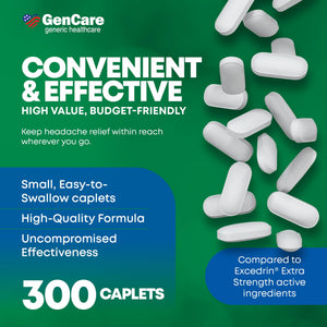 GenCare - Headache Relief Acetaminophen with Aspirin (NSAID) & Caffeine (300 Caplets) Value Pack | Head Pain, Muscle Aches, Back Pain & Body | Generic ExcedrEn Extra Strength GenCare buy supplements Au