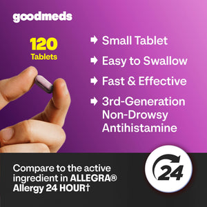 GoodMeds Compare to Allegra | Fexofenadine HCl 180mg | 24-Hour Allergy Relief, Non-Drowsy Antihistamine Generic Medicine for Allergies, Hay Fever, Itchy Eyes | for Kids & Adults (120 Count) GoodMeds buy supplements Au