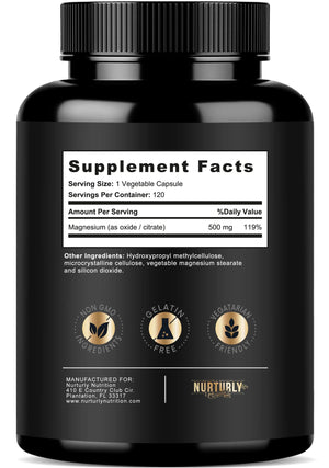 Magnesium Citrate & Oxide 500mg Complex Supplement - High Absorption Maximum Strength - Helps Support Bone Density and Strength, Muscles, Energy and Sleep - 120 Vegan Capsules NURTURLY buy supplements Au