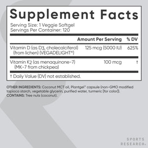 Sports Research Vitamin D3 with K2 Softgels - Plant Based K2 & Vegan D3 5000iu with Coconut MCT Oil - Vegan Certified, Soy & Gluten Free - 120 Count Sports Research buy supplements Au