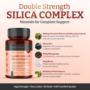 Double Strength Silica Complex โ 500mg Horsetail Extract (4:1) per Tablet โ 90 Tablets โ 3 Month Supply โ with Zinc, Manganese & Boron pureclinicaย buy supplements Au
