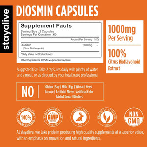 STAY ALIVE Pure Diosmin Complex 1000mg Formula, 120 Capsules, Citrus Bioflavonoids Rich Fruit Extract, 2 Month Supply, 100% Vegetarian, Non-GMO & Gluten Free Diosmin Supplement STAY ALIVEÂ buy supplements Au