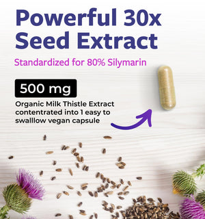 USDA Organic Milk Thistle Capsules - 80% Silymarin Supplement for Liver Support- Super Concentrated 300mg of 30:1 Milk Thistle Extract Equivalent to 9,000mg - Milk Thistle Liver Detox 60 Day Supply PURE CO buy supplements Au