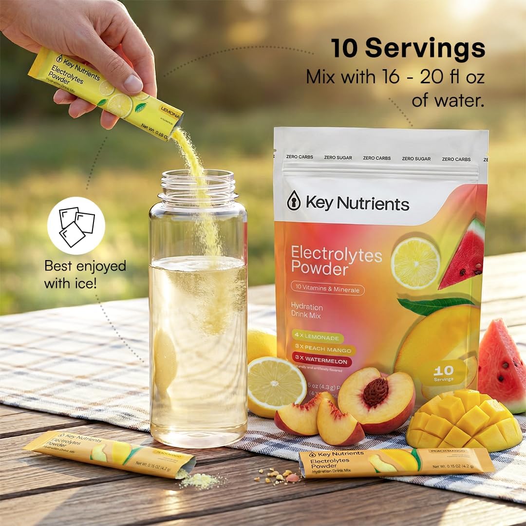 KEY NUTRIENTS Electrolytes Powder Bundle, Lemonade 90 Servings + Electrolyte Powder Packets Variety Pack 10 Count, Sugar Free Hydration Drink Mix with Vitamins & Minerals, No Calories