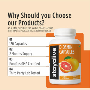 STAY ALIVE Pure Diosmin Complex 1000mg Formula, 120 Capsules, Citrus Bioflavonoids Rich Fruit Extract, 2 Month Supply, 100% Vegetarian, Non-GMO & Gluten Free Diosmin Supplement STAY ALIVEÂ buy supplements Au