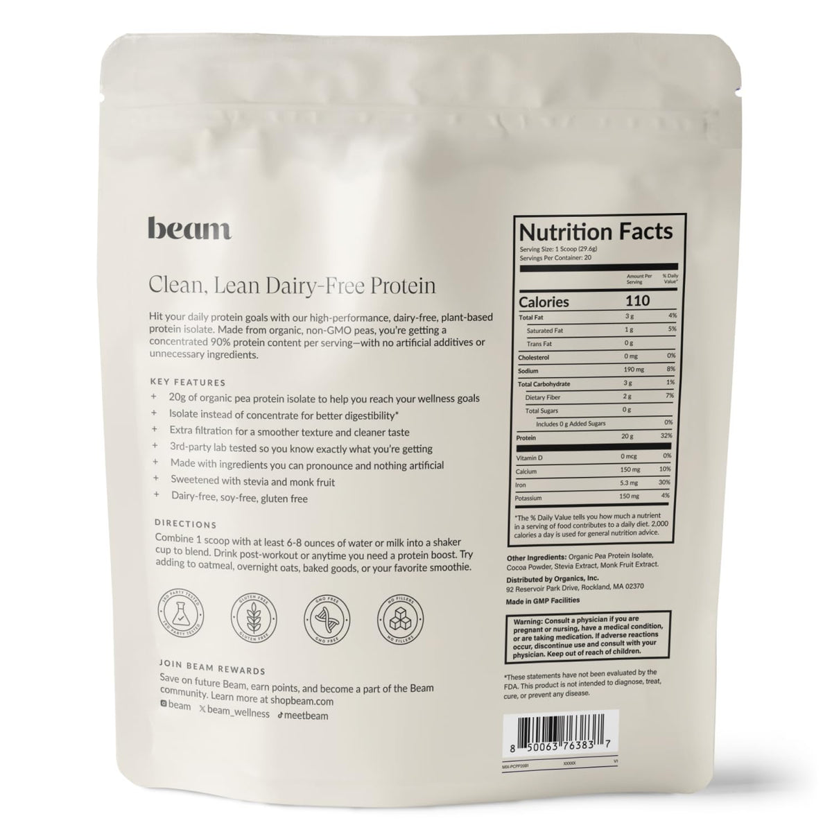 BEAM Vegan Protein Powder – Organic Pea Protein Isolate, 20g Plant-Based Protein per Serving, Third-Party Tested, No Added Sugar, Dairy Free, Soy Free, Gluten Free, 20 Servings, Chocolate