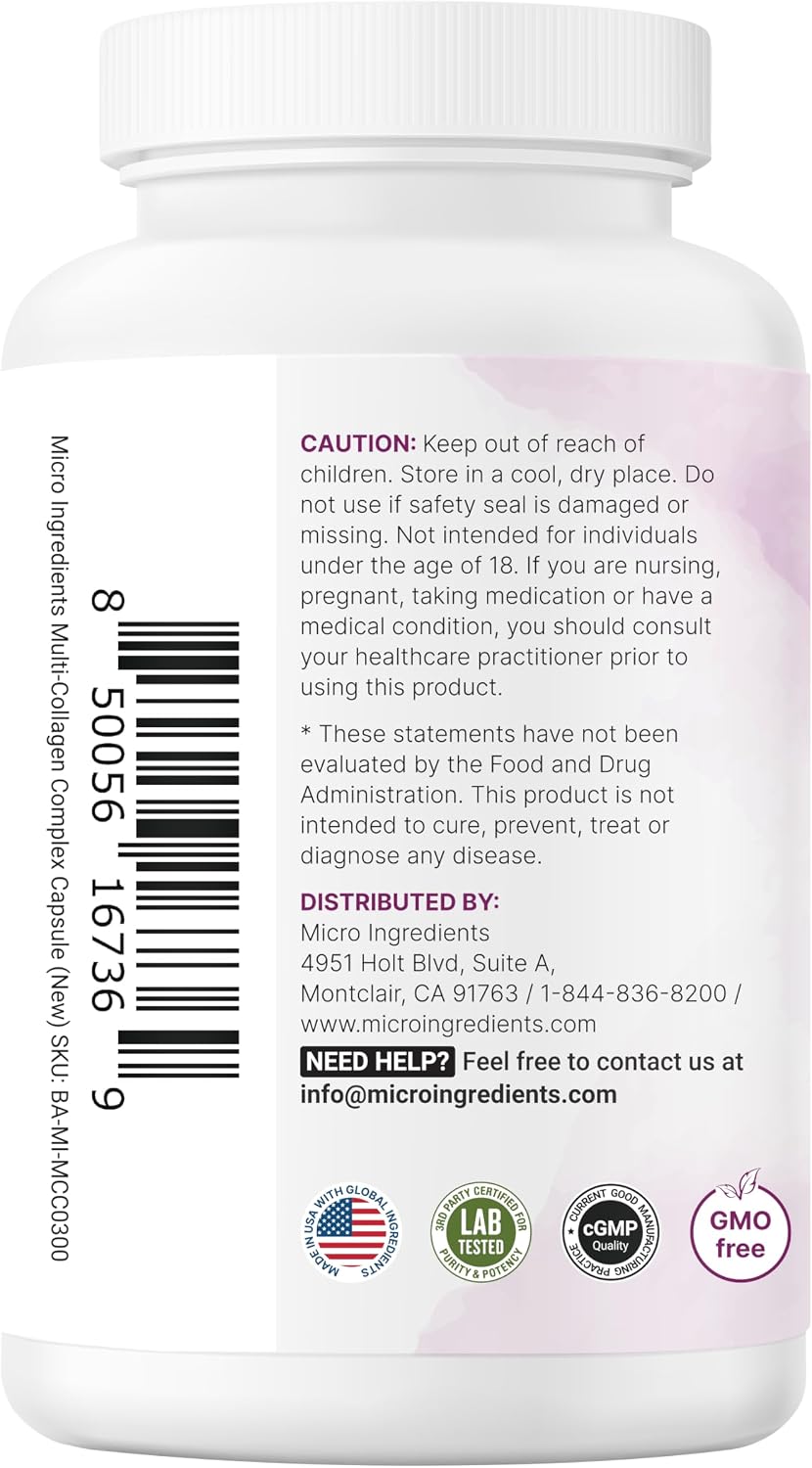Micro Ingredients Multi Collagen Peptides Pills, 240 Capsules | For Women & Men. Type I, II, III, V, X. Hydrolyzed Collagen Supplement with Biotin, Hyaluronic Acid & Vitamin C. Filler Free.