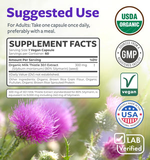 USDA Organic Milk Thistle Capsules - 80% Silymarin Supplement for Liver Support- Super Concentrated 300mg of 30:1 Milk Thistle Extract Equivalent to 9,000mg - Milk Thistle Liver Detox 60 Day Supply PURE CO buy supplements Au