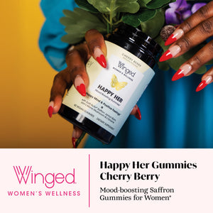 Winged Wellness Happy Her Mood Gummies - Daily Mood Enhancer Support Supplement for Women - Vitamin D with Saffron, Lemon Balm, & Lions Mane Mushrooms for Balance & Calming Relief - 50 Vegan Gummies Winged buy supplements Au