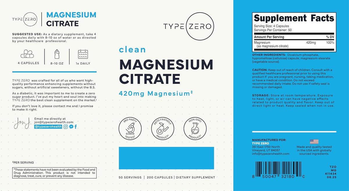 Type Zero Clean Magnesium Citrate (420mg) 200 Capsules, Gluten-Free | Pure Magnesium Citrate Supplement, GMO-Free, 50 Servings