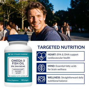 Suplement The Vitamin Shoppe Brand Omega 3 Fish Oil 1000mg with EPA DHA 500mg, Cardiovascular, Brain & Eye Health Support for Men and Women, Sourced from Anchovy, VelvetGlow USA