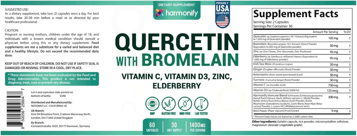 Quercetin with Bromelain, Immune Blend Supplements with Zinc Elderberry Vitamin C & D 5000 IU, Artemisinin, Irish Sea Moss, Echinacea, Garlic, Turmeric, Reishi and Ginger Powder, 1400 mg