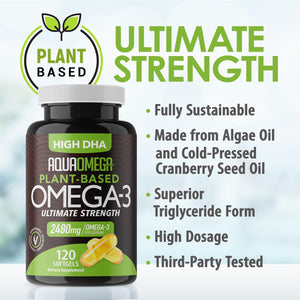 Suplement Ultimate Strength Plant Based Omega 3 Supplements, Organic EPA and DHA Omega 3 Fatty Acid Supplements from Algae Oil, No Fishy Aftertaste, 120 Softgels - VelvetGlow USA