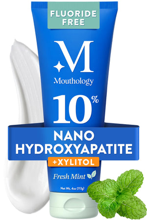 Suplement Mouthology 10% Nano Hydroxyapatite Toothpaste Fluoride Free, Whitening*, Rod Shaped nHa, Xylitol Toothpaste for Adults, Enamel Care*, Sensitive Teeth*, SLS Free - VelvetGlow USA