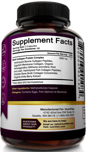NutriFlair Multi Collagen Peptides 2250mg - Type I, II, III, V, X - Collagen Supplements Complex Powder Pills for Women and Men - Hydrolyzed Protein, Healthy Hair, Skin, Nails - Non-GMO (180 Capsules) NutriFlair buy supplements Au